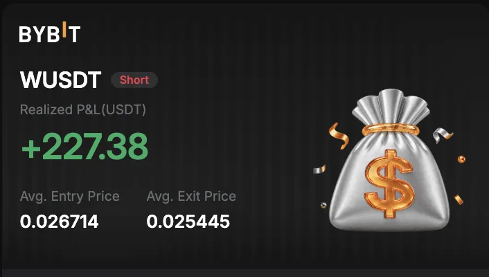 Bybit: закрытая позиция WUSDT шорт, реализованный PnL +227.38 USDT