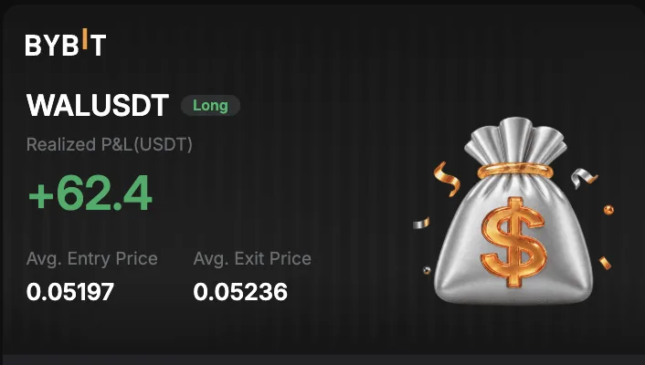 Bybit: закрытая позиция WALUSDT лонг, реализованный PnL +62.40 USDT